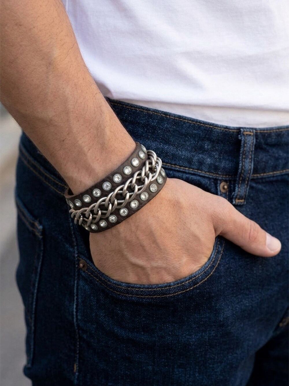 VTG BlackLeather WideCuff Bracelet Wristband Rhinestones Studded Biker Gothic